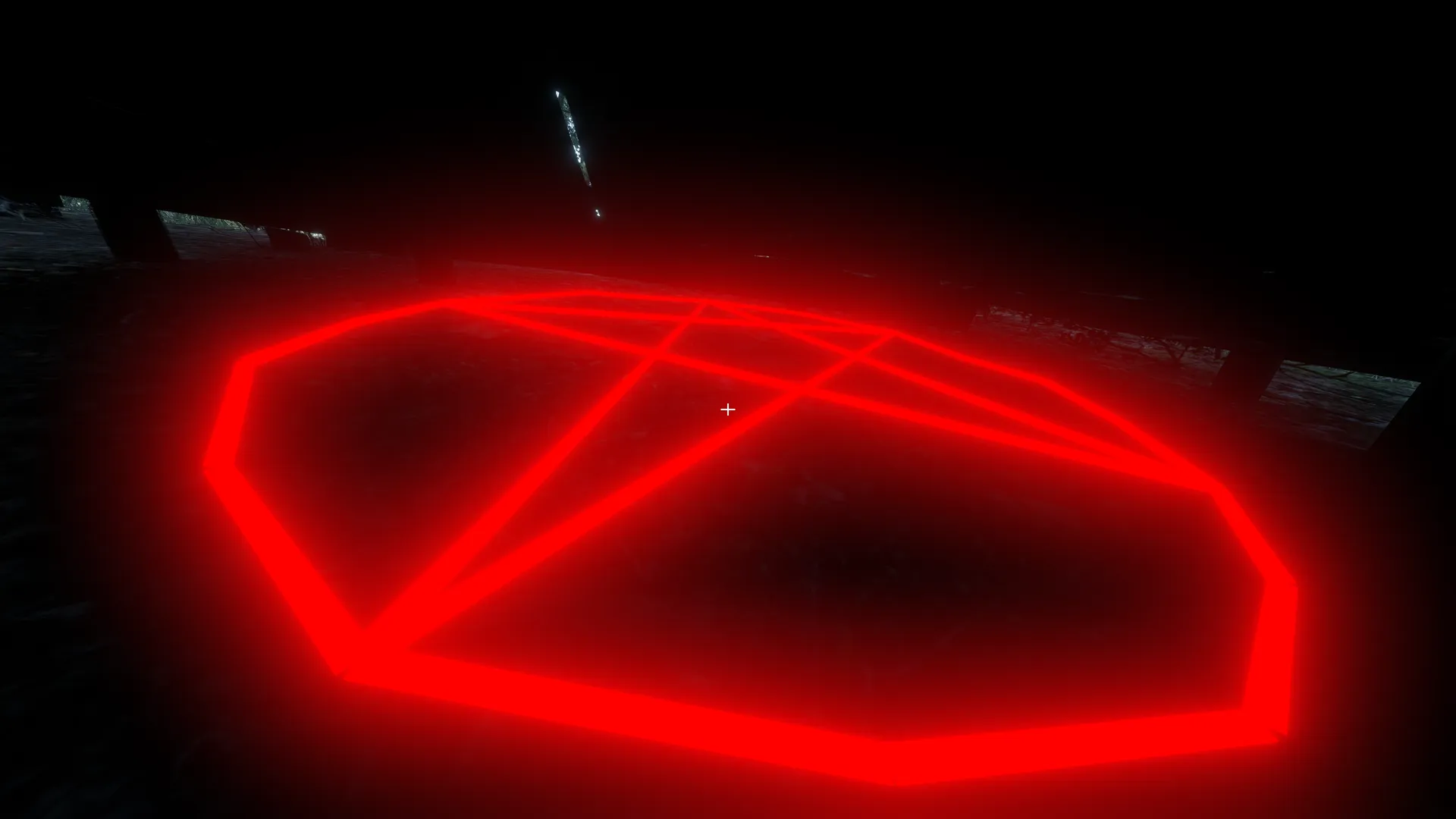 First-person view of the red pentagram beneath the creek house, with a white aiming reticle over its intersecting lines.