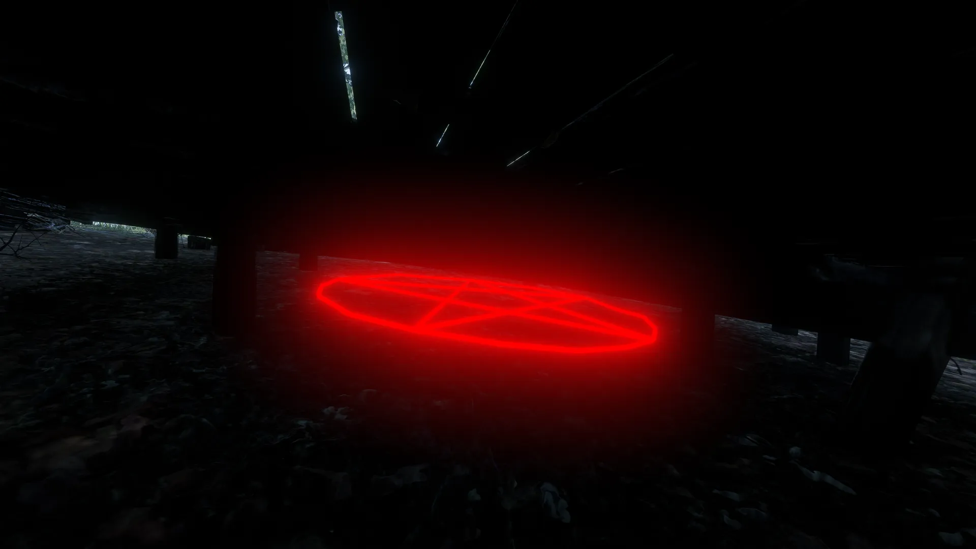 A glowing red pentagram seen in full beneath the dark floorboards of a stilted house at Butcher's Creek.