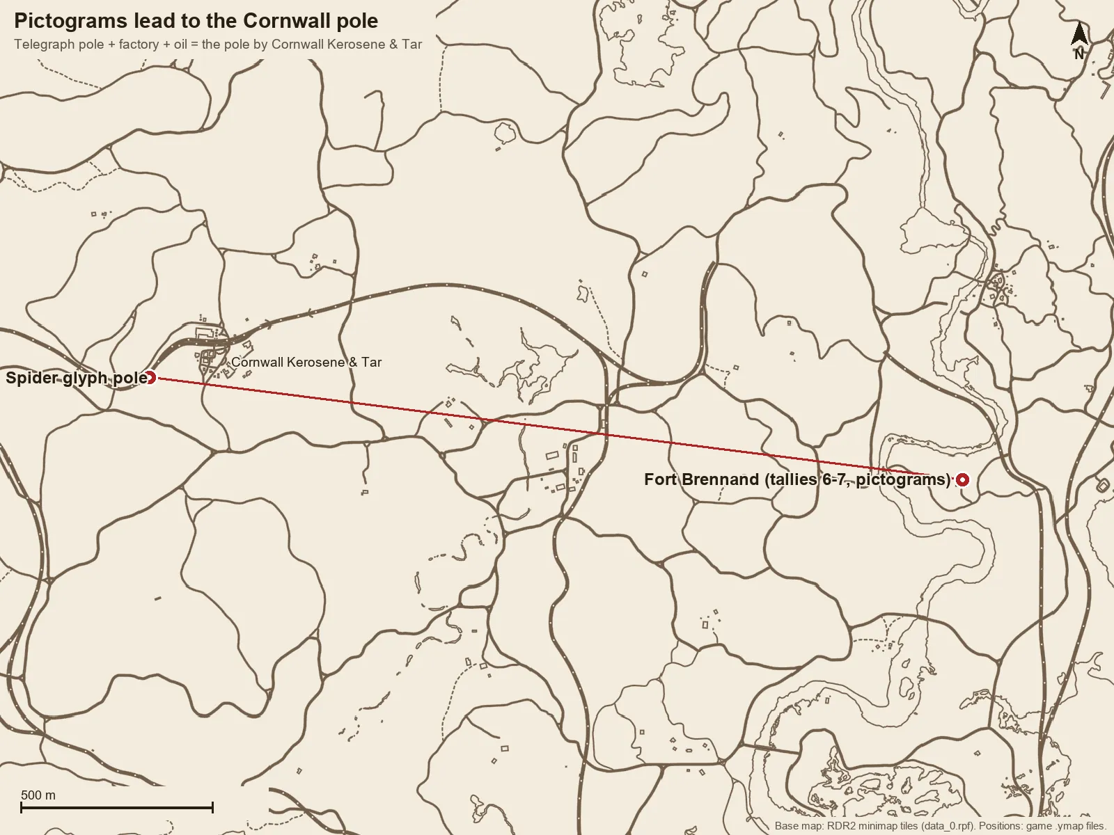 Regional minimap with a line from Fort Brennand to the spider glyph pole by Cornwall Kerosene and Tar.