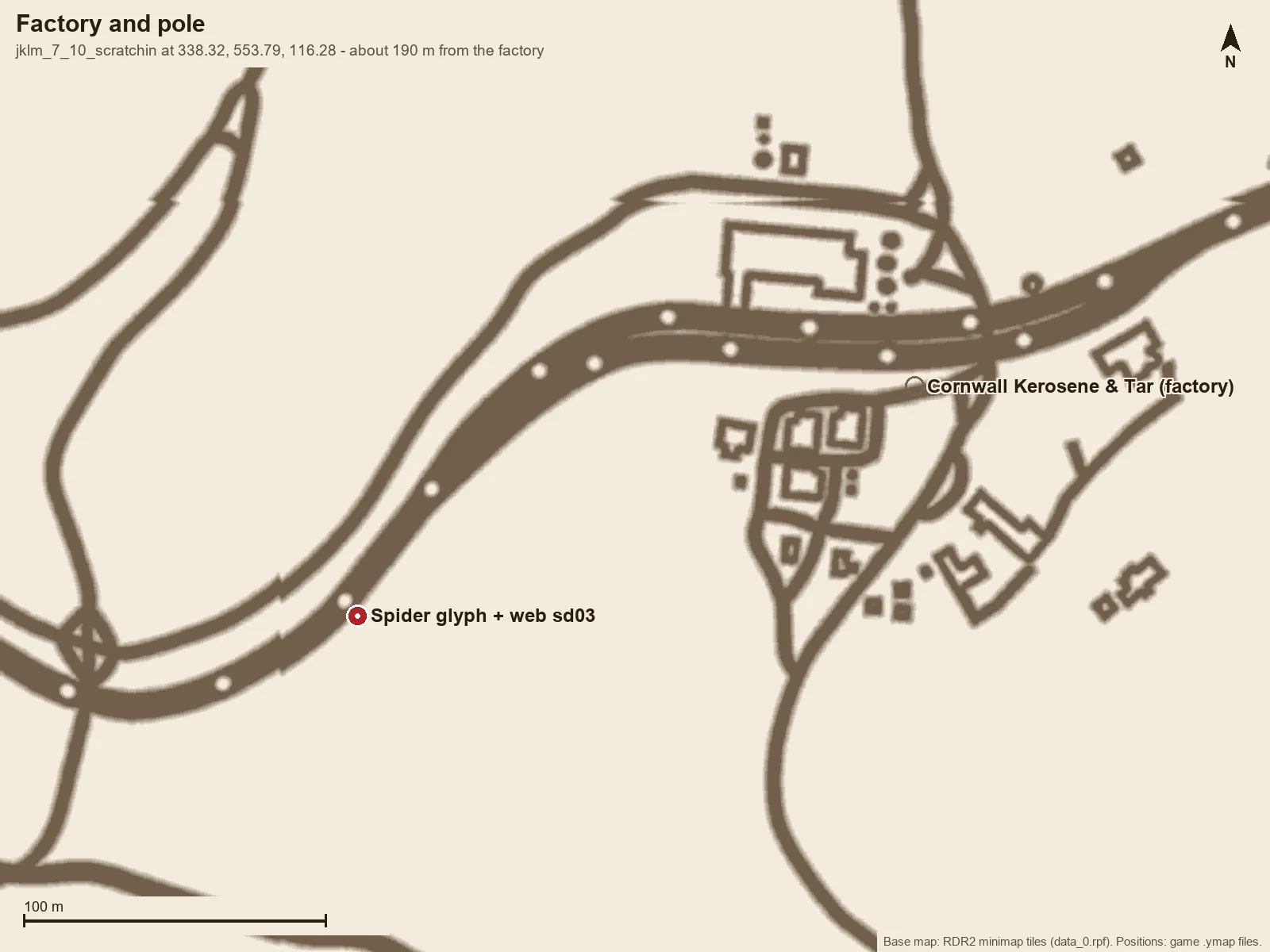 Minimap of Cornwall Kerosene and Tar with the spider glyph pole pinned west of the factory.
