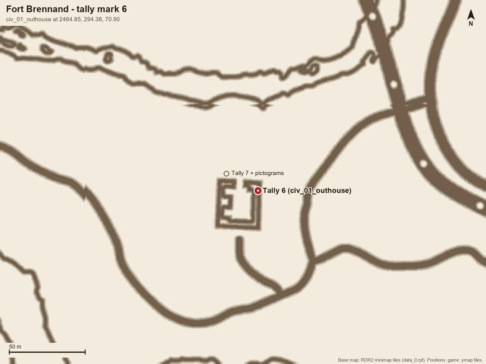 Fort Brennand minimap with a pin on the outhouse holding tally mark 6.