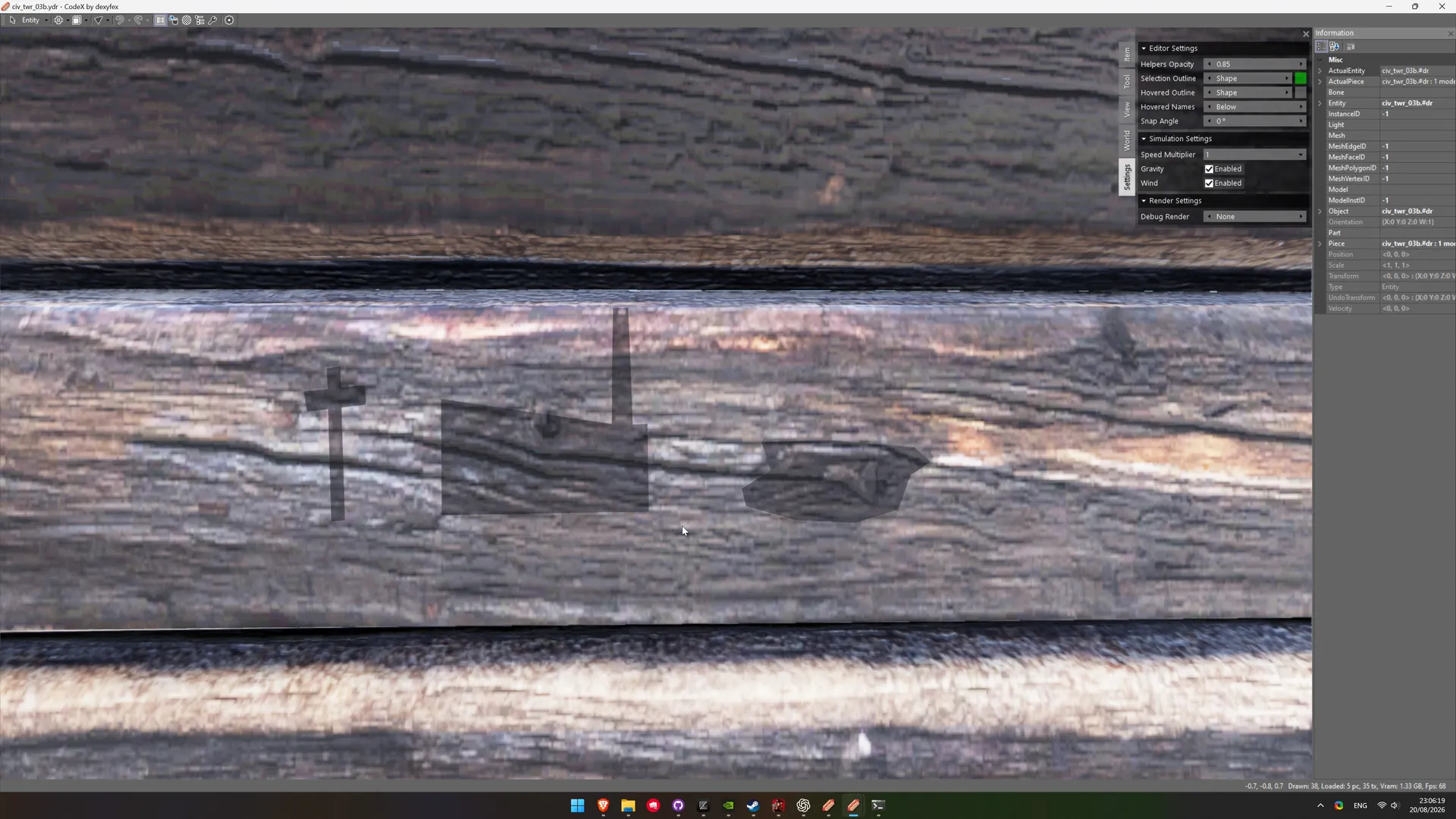 CodeX asset view of civ_twr_03b.ydr showing the three Fort Brennand pictograms.