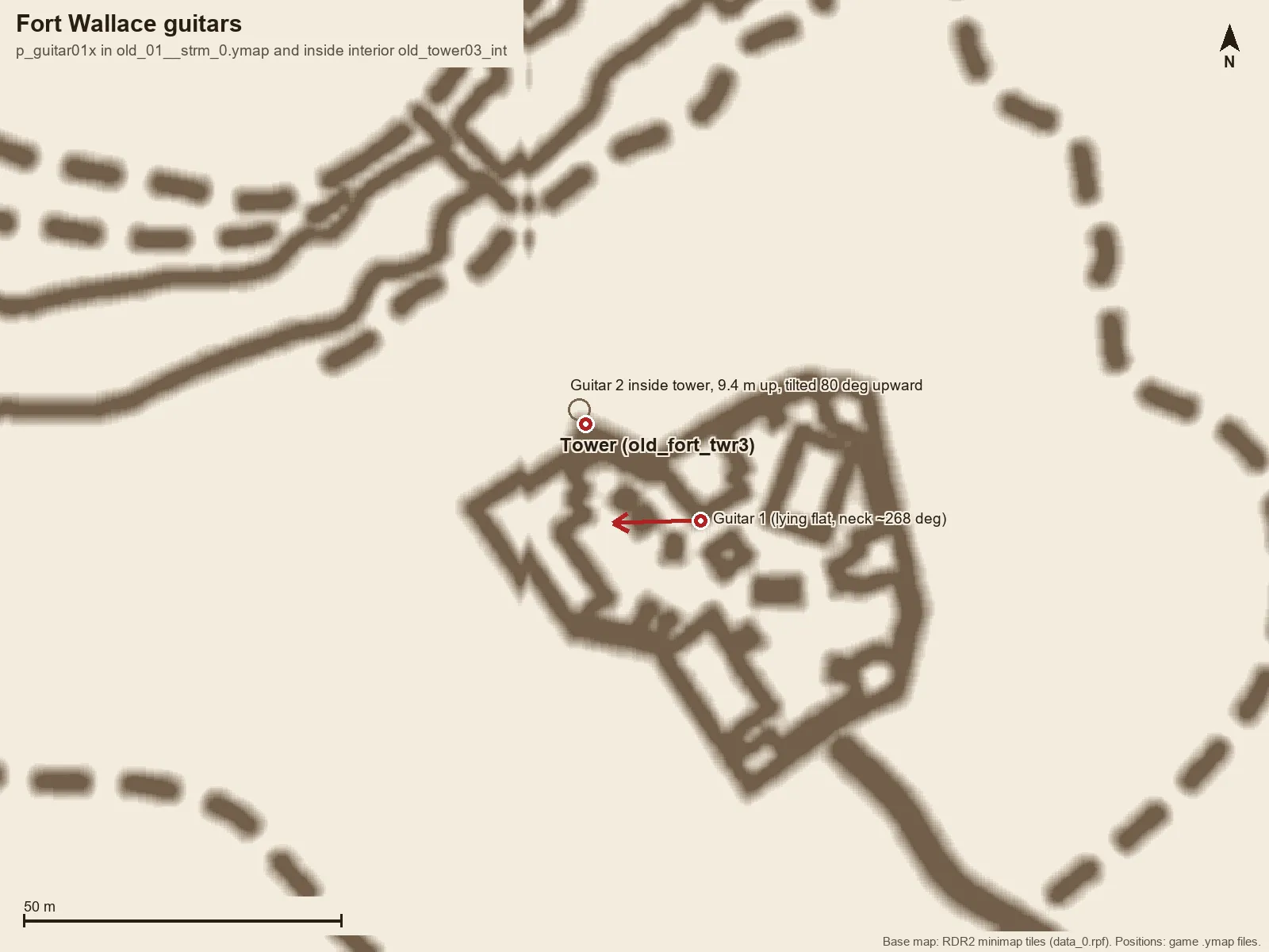 Detail map of Fort Wallace with the tower and both guitar positions marked.