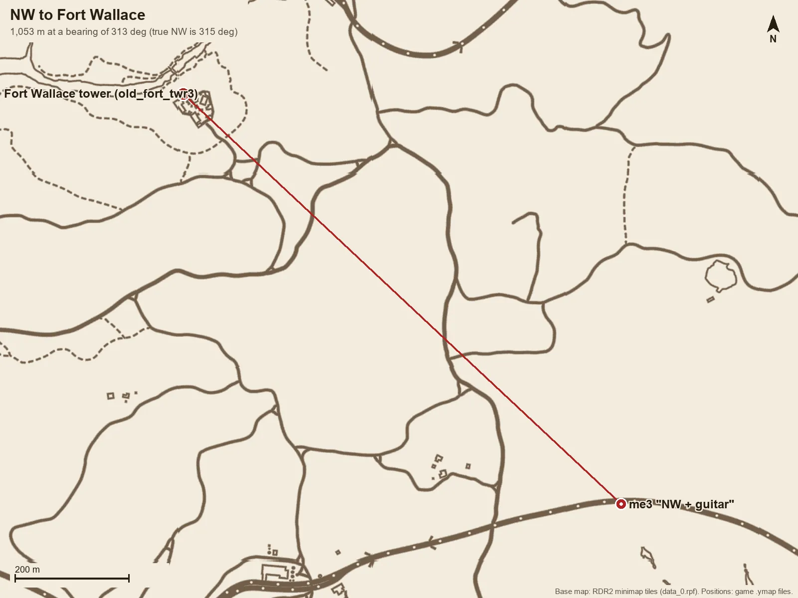 Map with a line from the NW guitar pole carving north-west to the Fort Wallace tower.