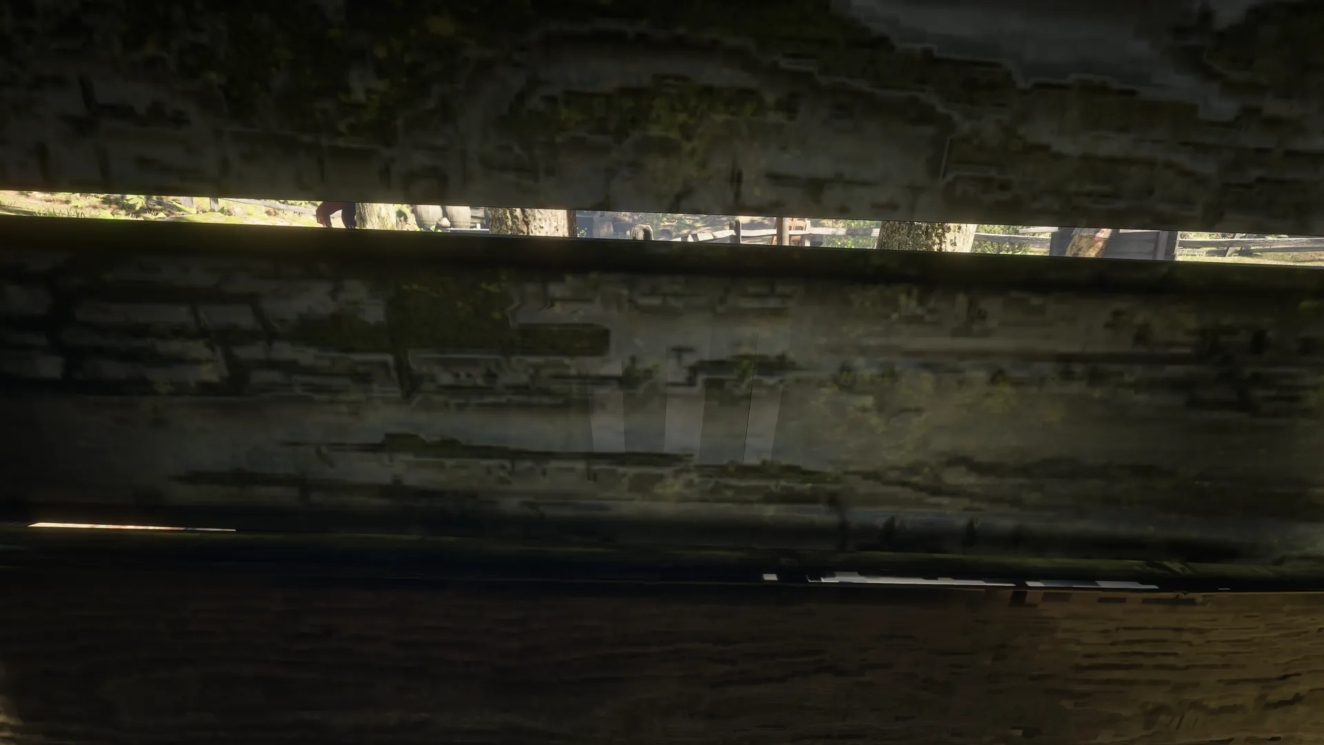 Free-camera close-up of three vertical white tally marks on the dark, moss-stained interior boards of Outhouse 3.