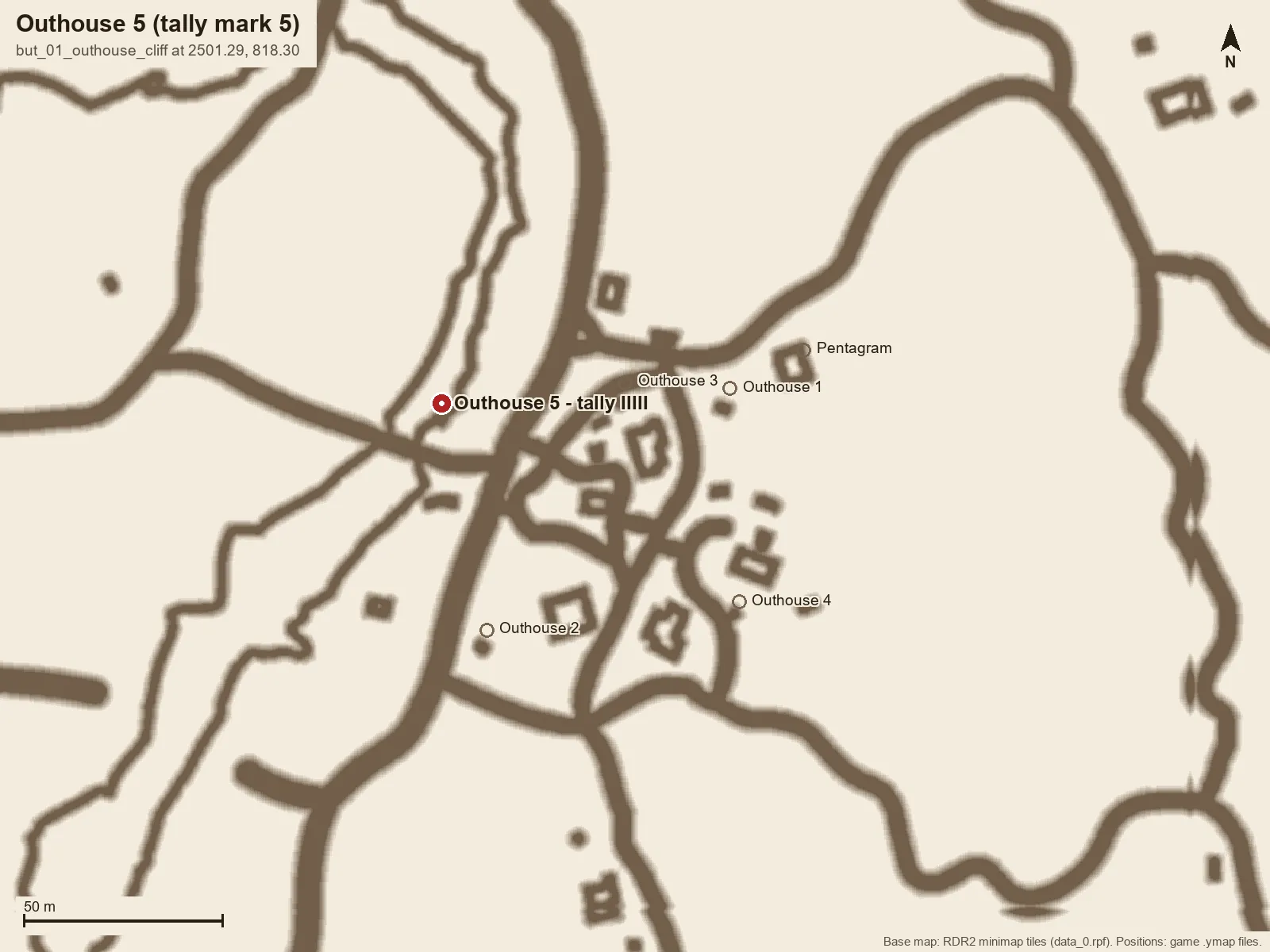Butcher Creek minimap with a pin on Outhouse 5.