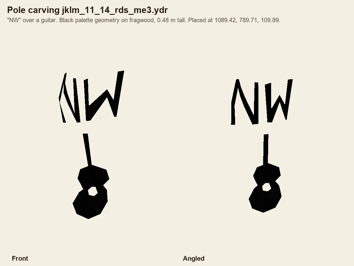 Render of the pole carving model: the letters NW above a guitar.