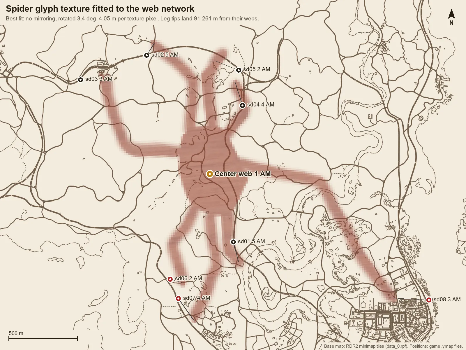 The spider glyph texture laid over the minimap, north-up, with its legs reaching the eight web pins and its body on the center web.